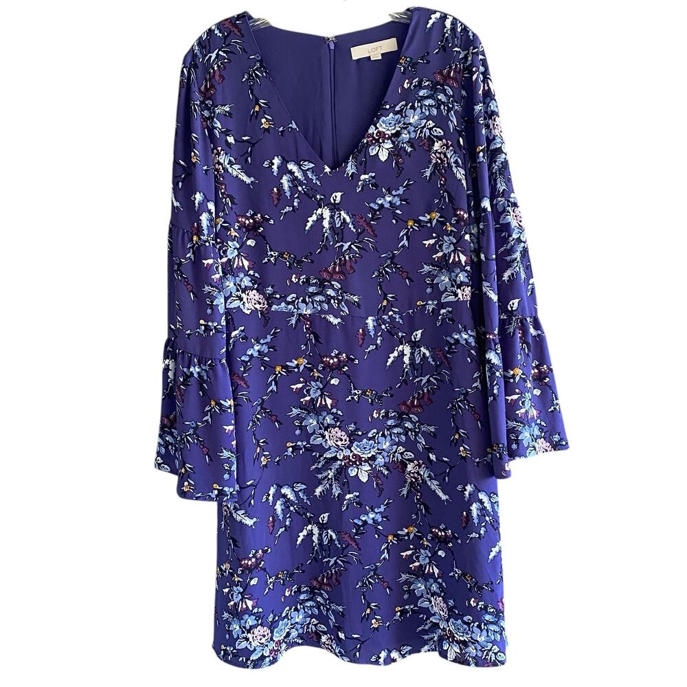 Loft Purple Floral Dress Tiered Bell Sleeves Size 10 V-Neck Zip Back Cocktail